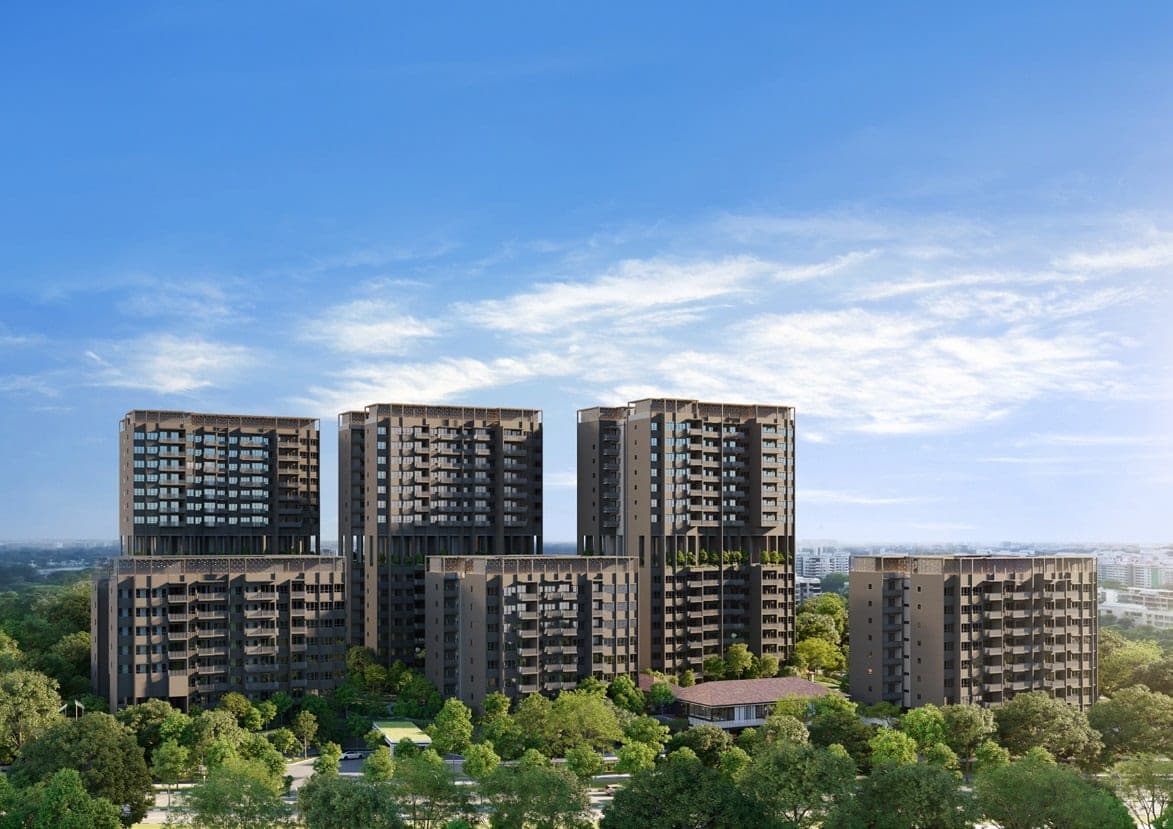 Artist's impression of Lentor Mansion: three 16-storey towers and three 8-storey blocks in dark facades above trees, with a pitched-roof clubhouse in front