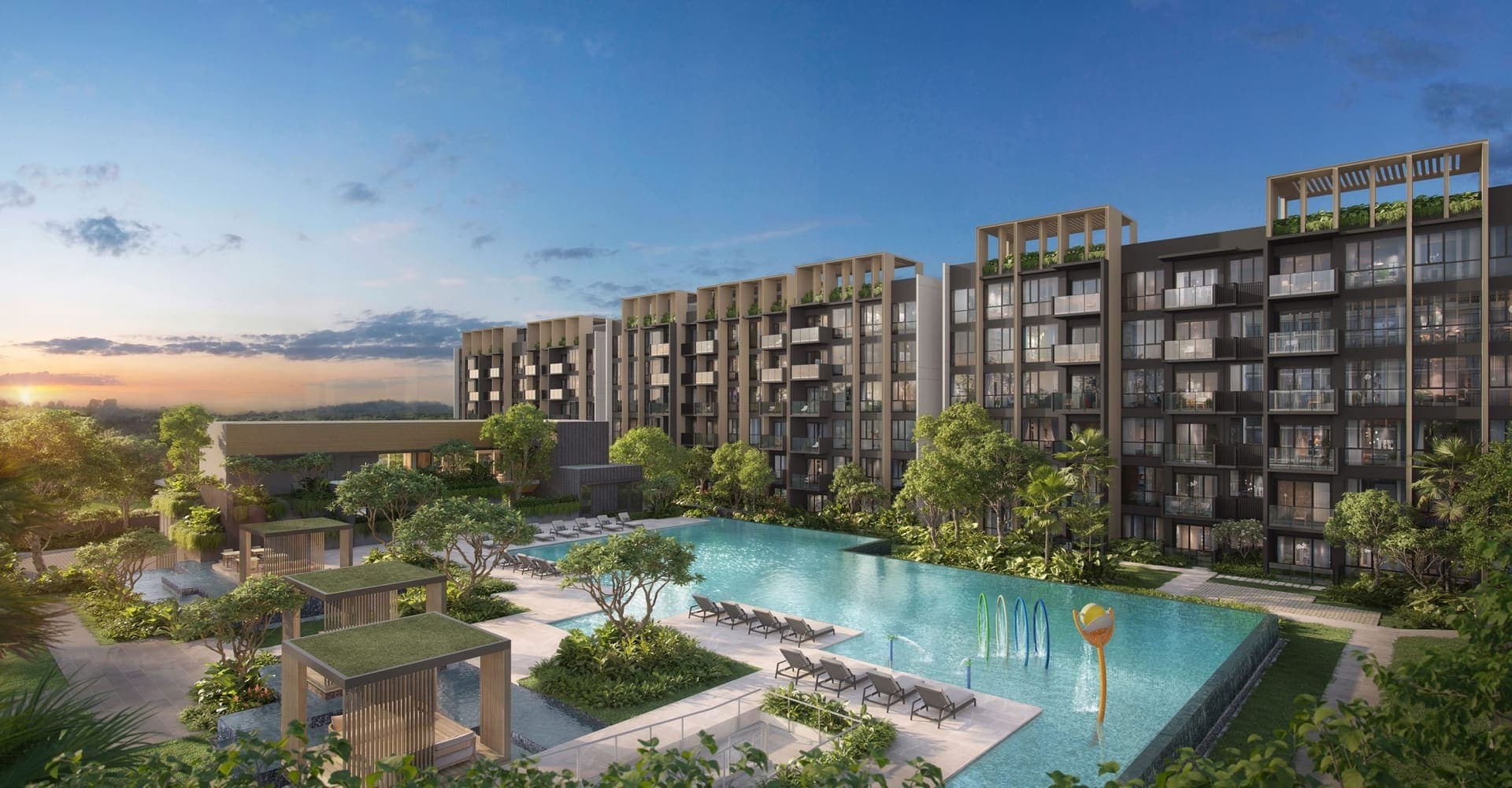 Artist's impression of Narra Residences: mid-rise residential blocks with rooftop pergolas around a landscaped pool deck and cabanas at Dairy Farm Walk