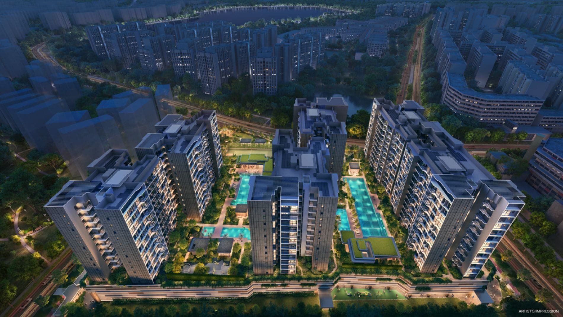 Artist's impression of Pinery Residences at dusk from above: six residential blocks around pools and gardens on a podium, surrounded by housing blocks