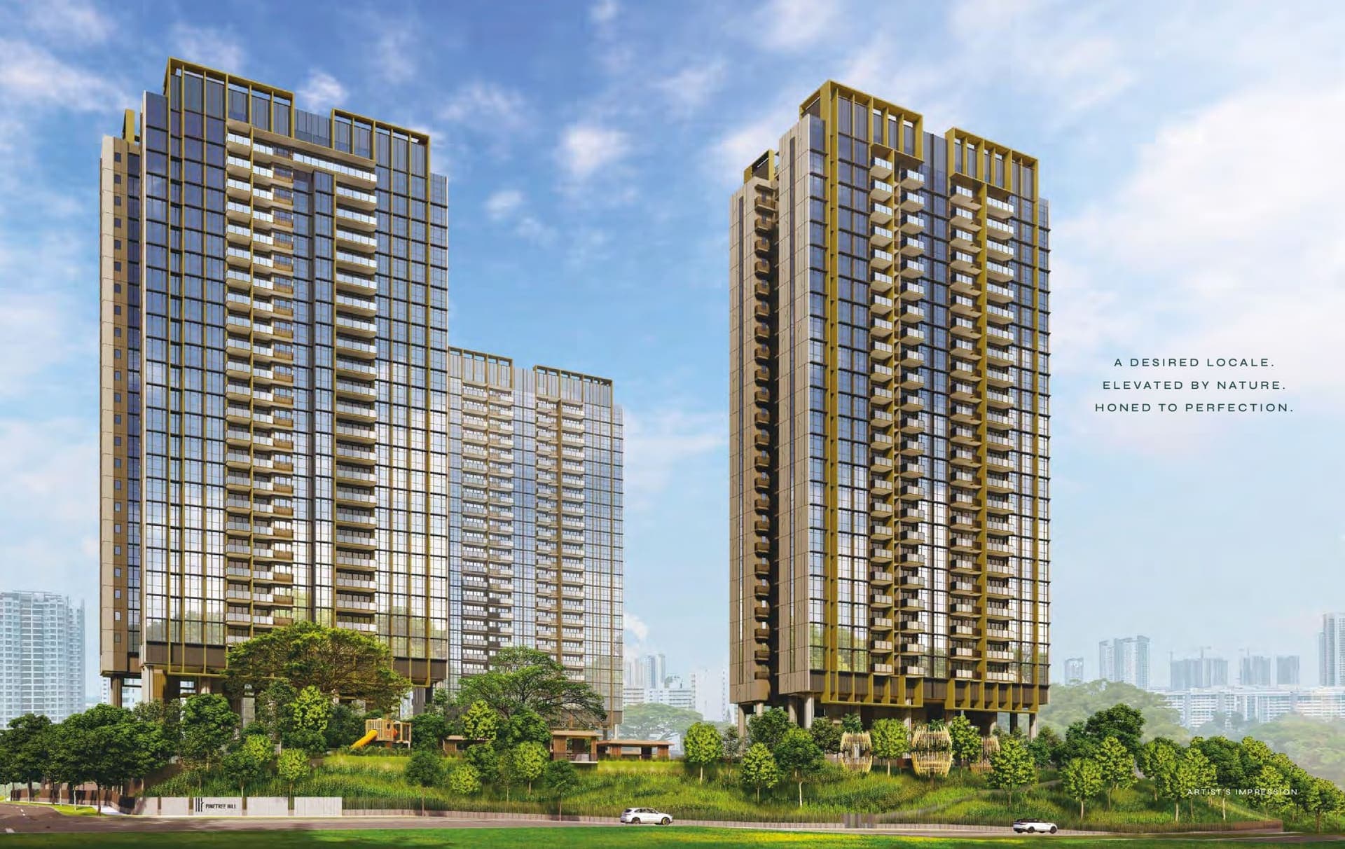 Artist's impression of Pinetree Hill: three 24-storey residential towers with bronze-framed glass facades rising above a landscaped slope at Pine Grove